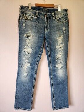 Silver Jeans Suki Flap Slim Y2K McBling Distressed Rhinestone Western Denim W33